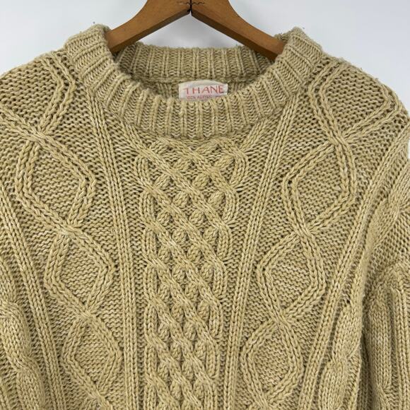 VTG Thane Fisherman Sweater Mens M Tan Cable Knit Chunky Pullover WEAR - Picture 2 of 7